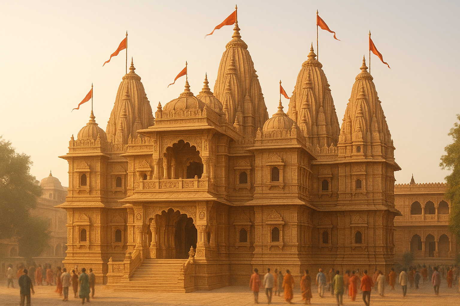 Temple façade in Mathura style with ornate shikharas and flags