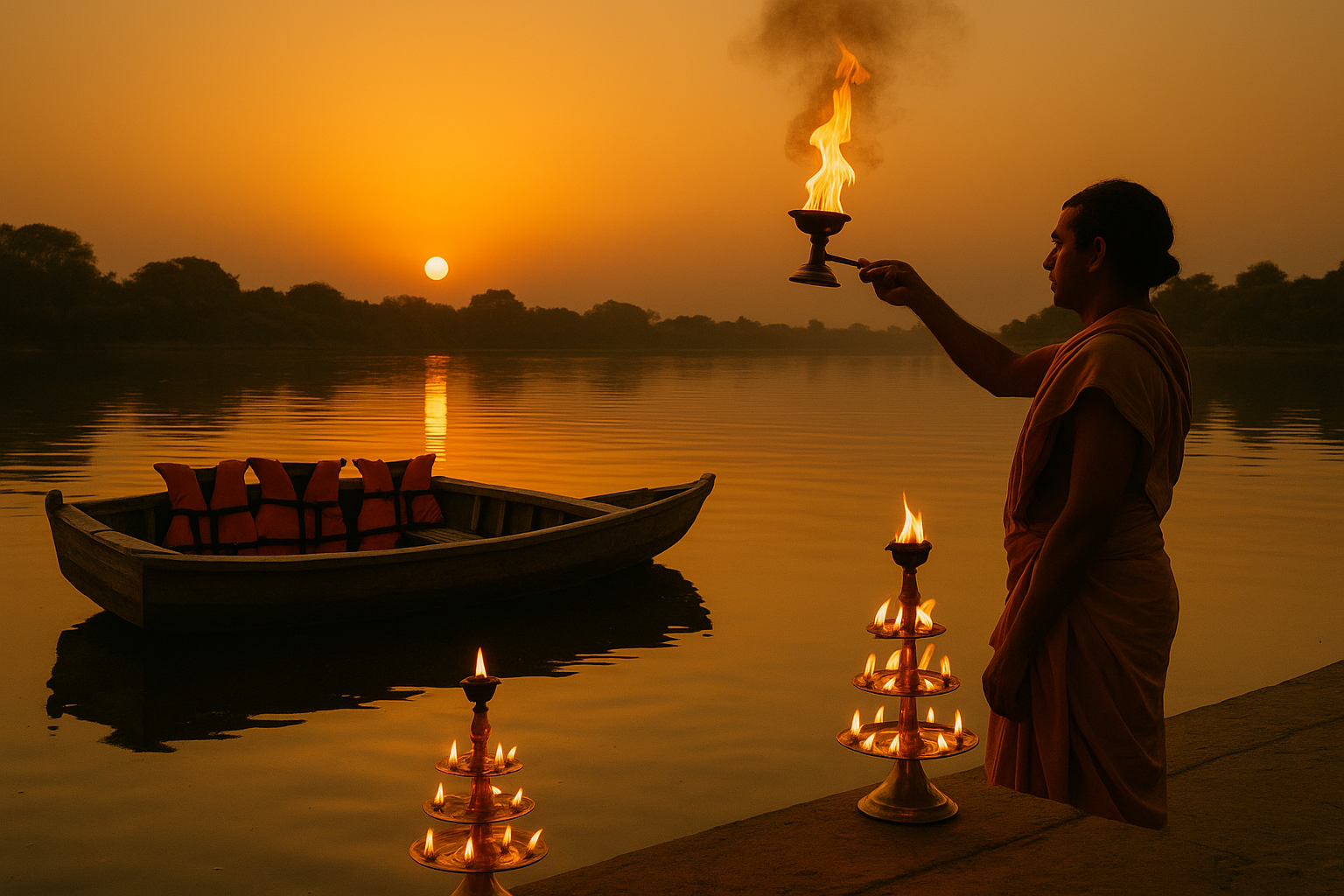 Sunset aarti on the Yamuna with boat, lamps, and golden reflections