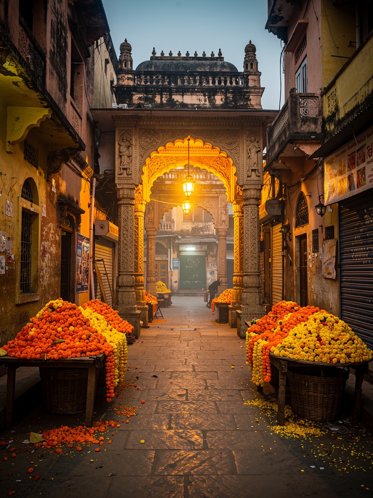 Heritage lane and flower stalls approaching Banke Bihari temple, Vrindavan
