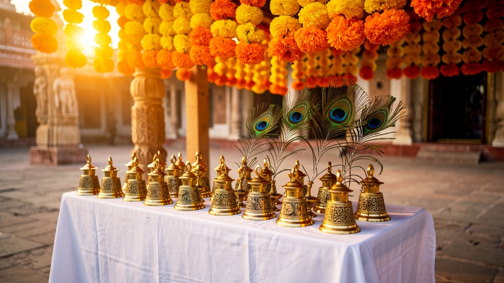 Brass bell, inkwell and peacock feather — ritual items at a Vrindavan temple stall