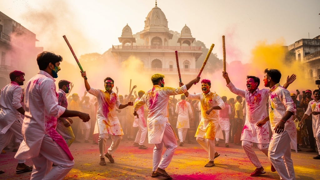 Lathmar Holi in Barsana — colour clouds, sticks held high, the hilltop temple beyond
