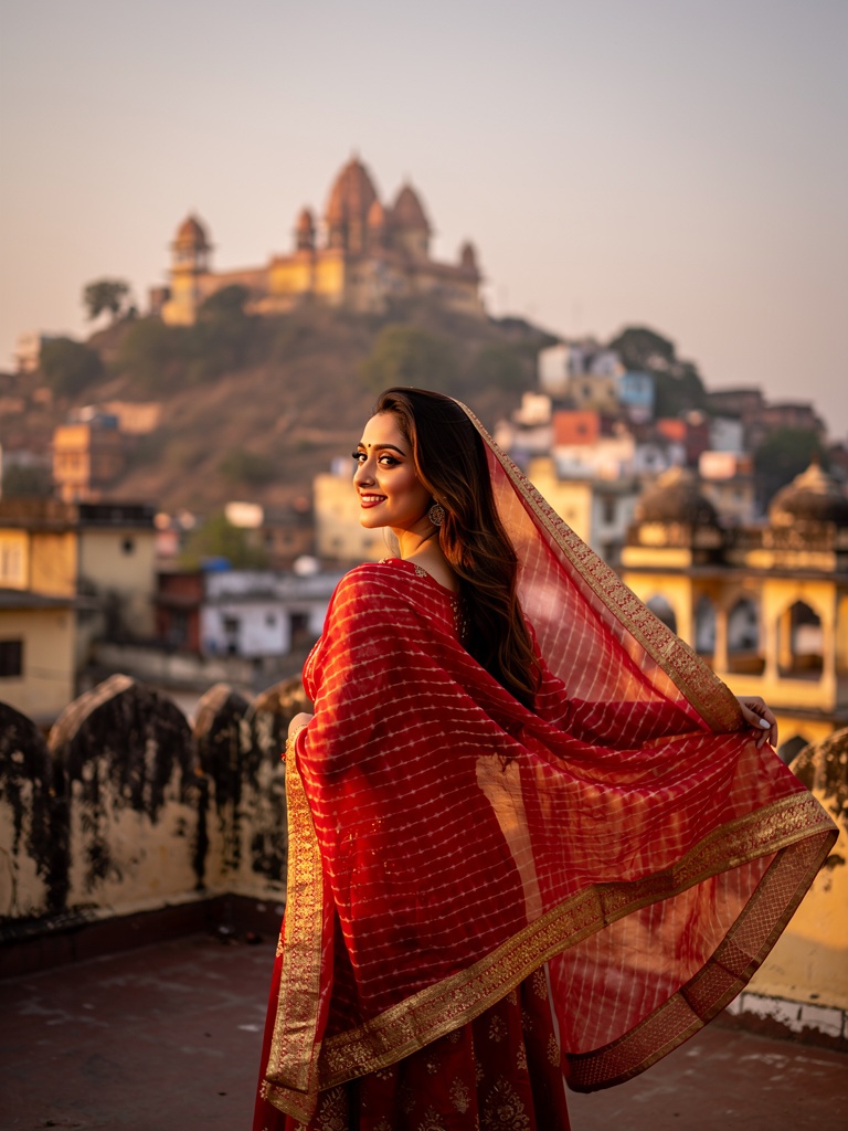 A traveller with a red-and-gold dupatta looking over Barsana at sunset