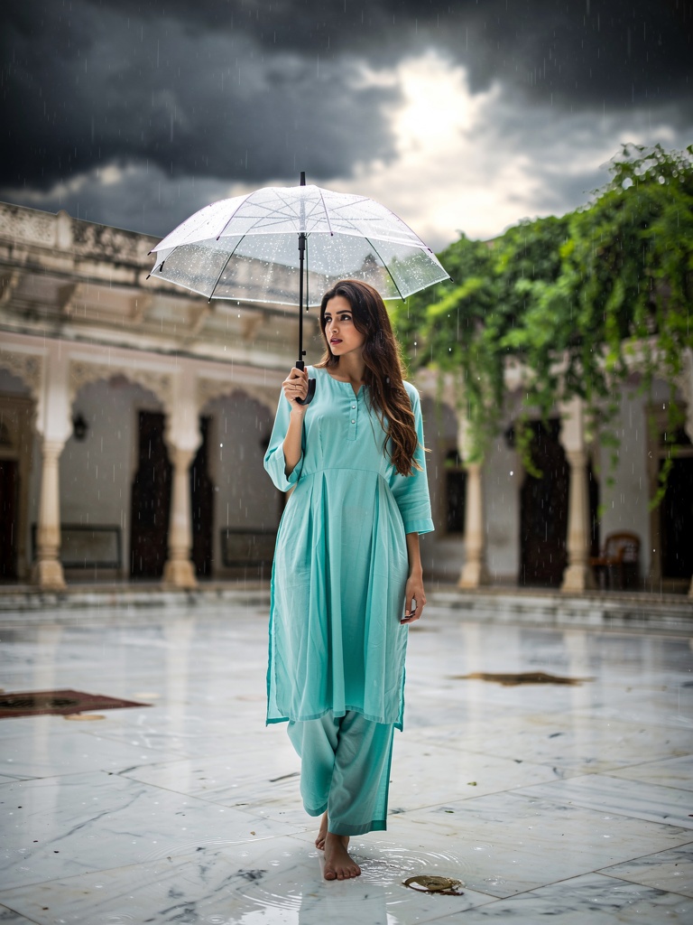 Monsoon light rain in a Braj temple courtyard