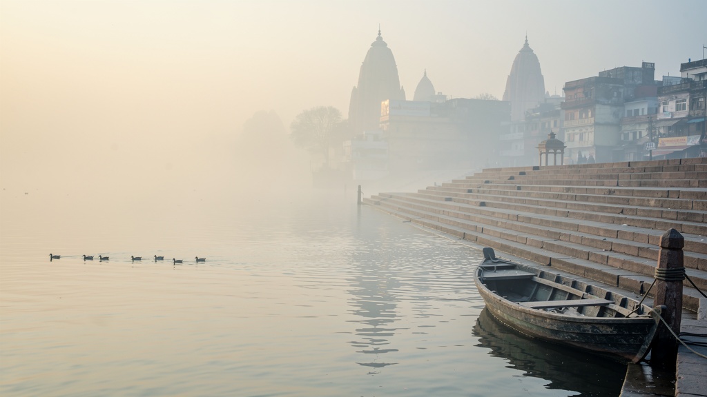 Yamuna ghats in soft winter morning mist near Mathura