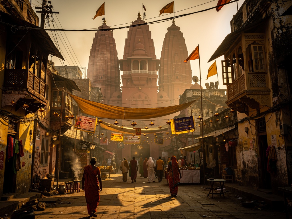 Dwarkadhish temple shikharas above the old city lane