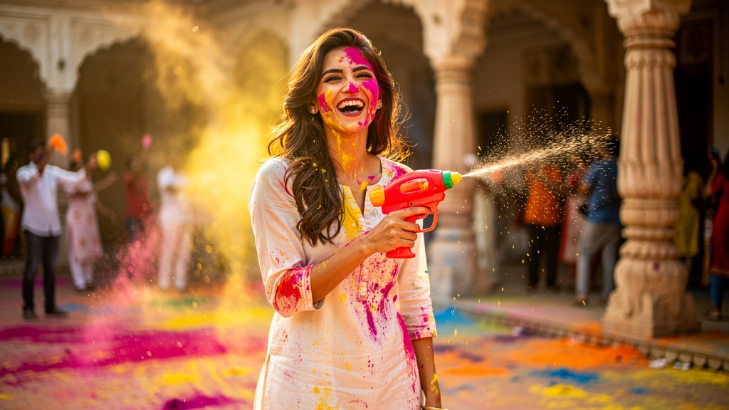 A joyful woman dusted with pink and yellow gulal at Holi in a Braj courtyard