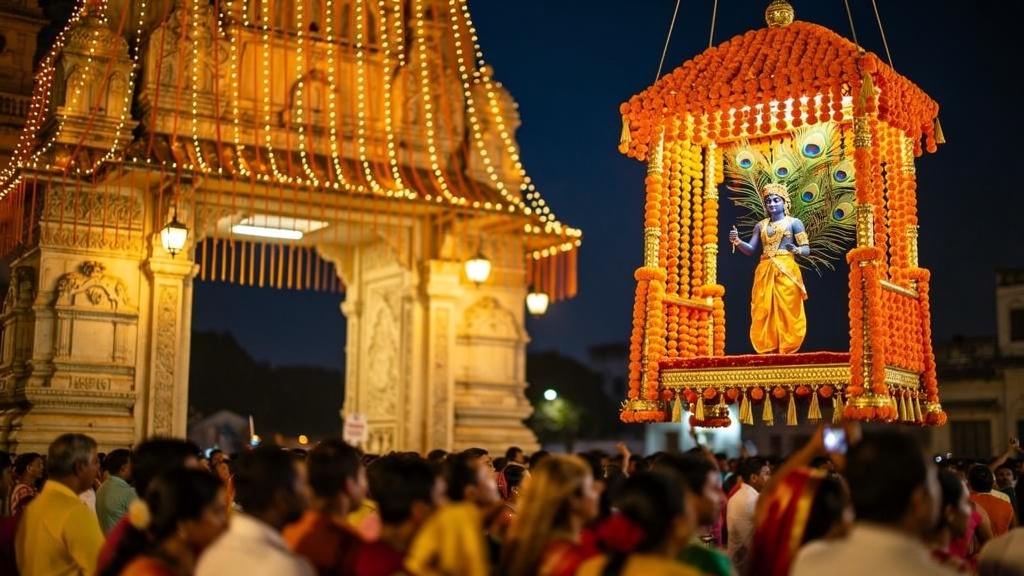 Janmashtami night at a decorated temple gateway with a cradle and marigolds