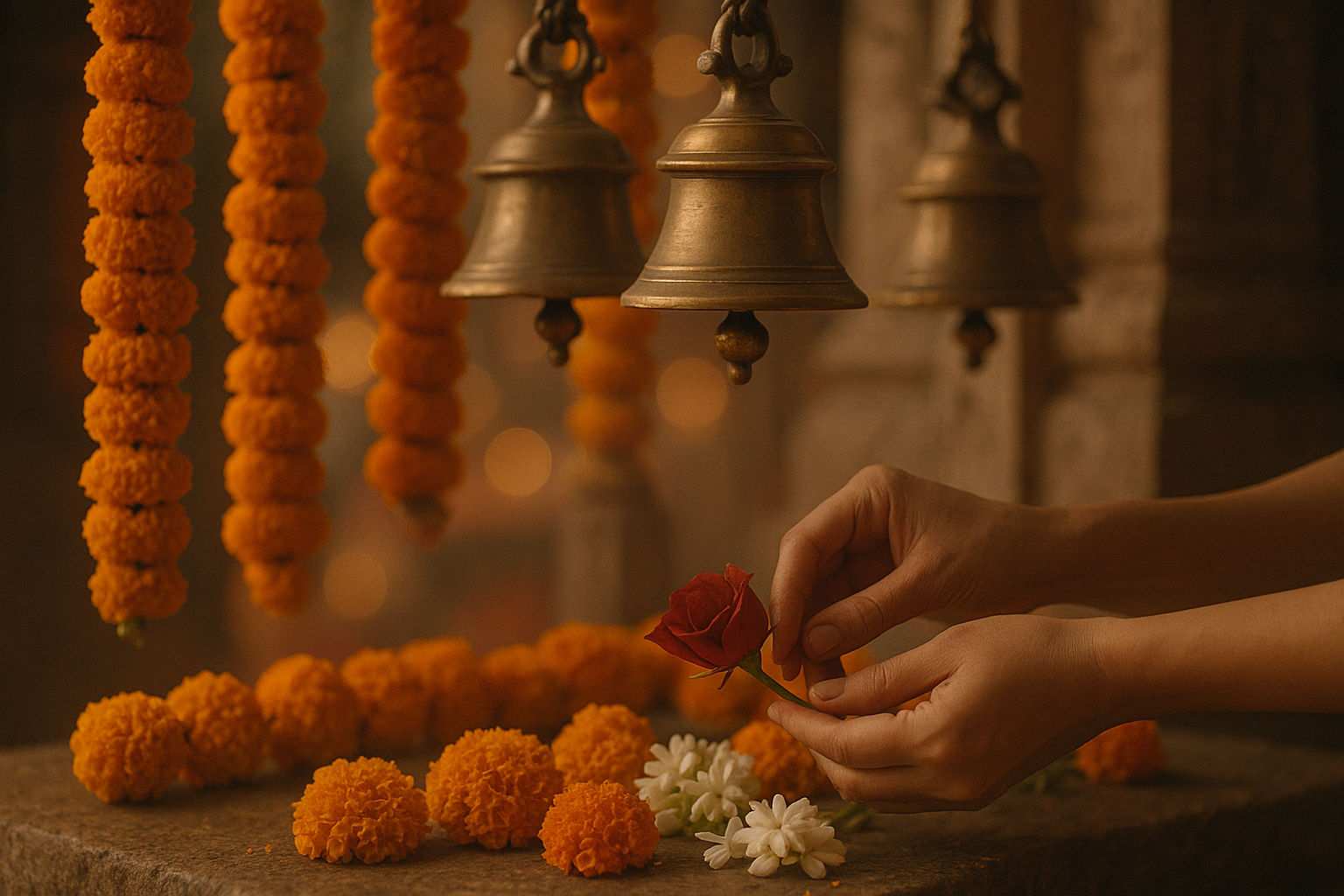 Marigold garlands and a brass diya lit with a small flame