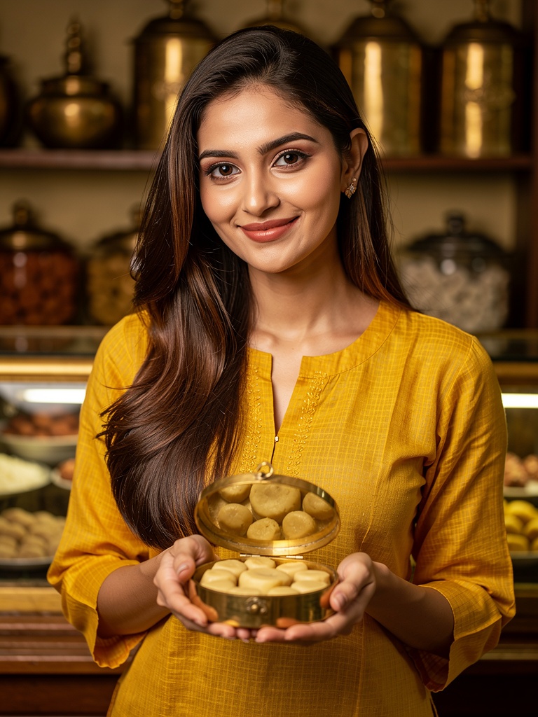 A traveller holding a brass box of Mathura pedas at a sweet shop
