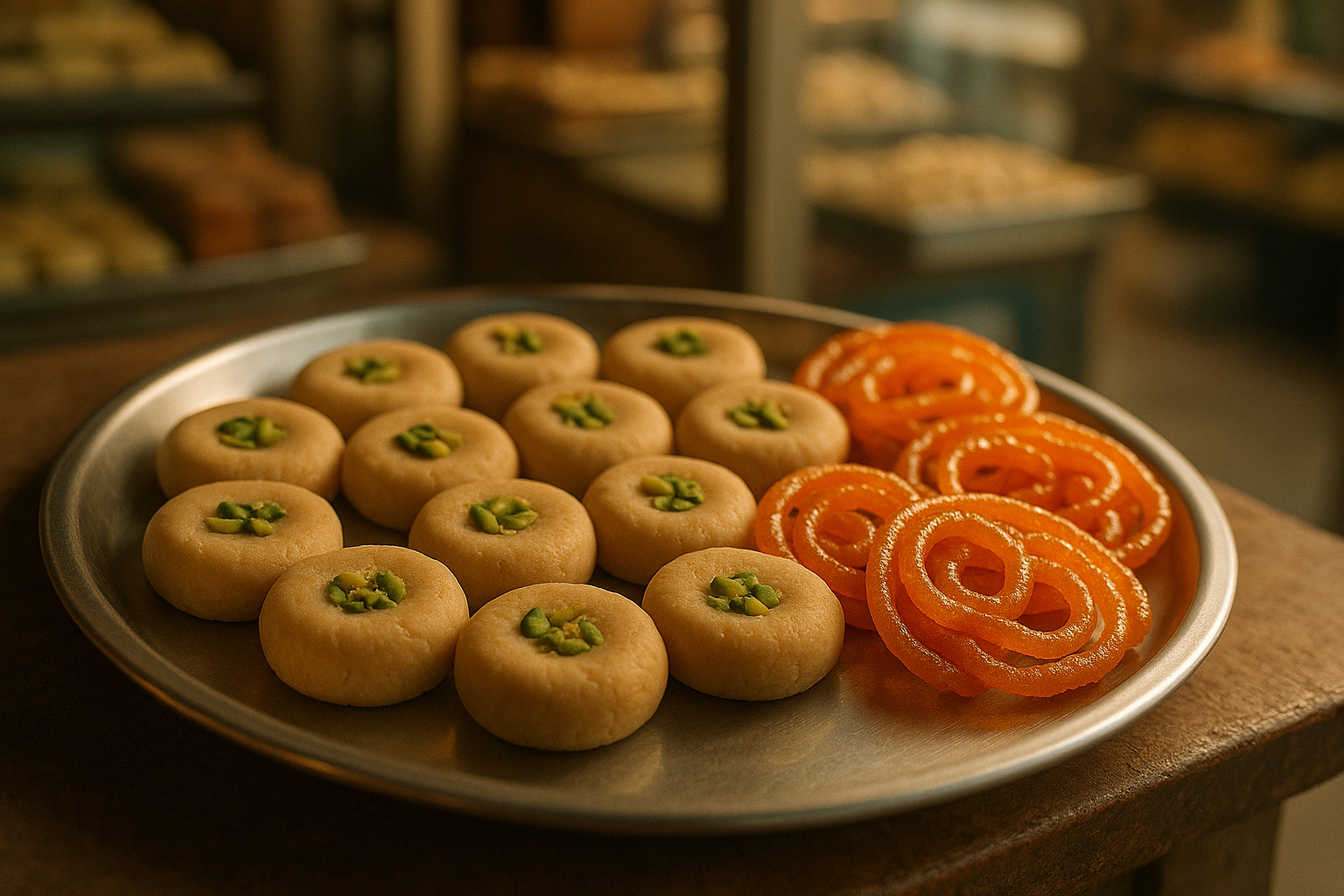Close-up of Mathura-style pedas on a brass plate
