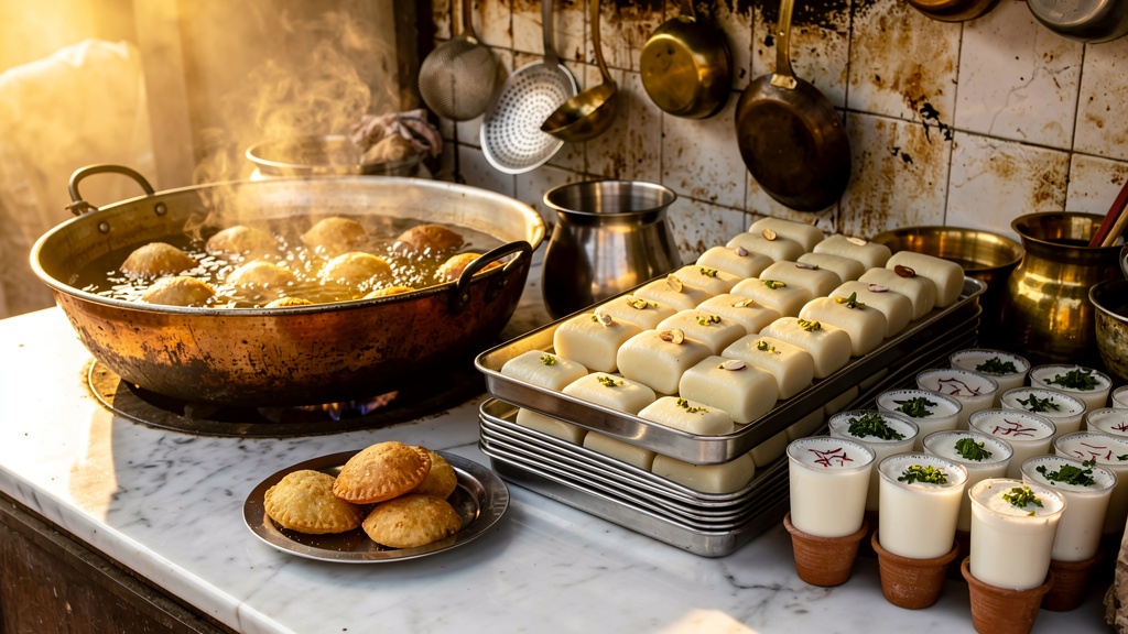 A Mathura morning food stall — kachoris frying, peda trays and kulhad lassi