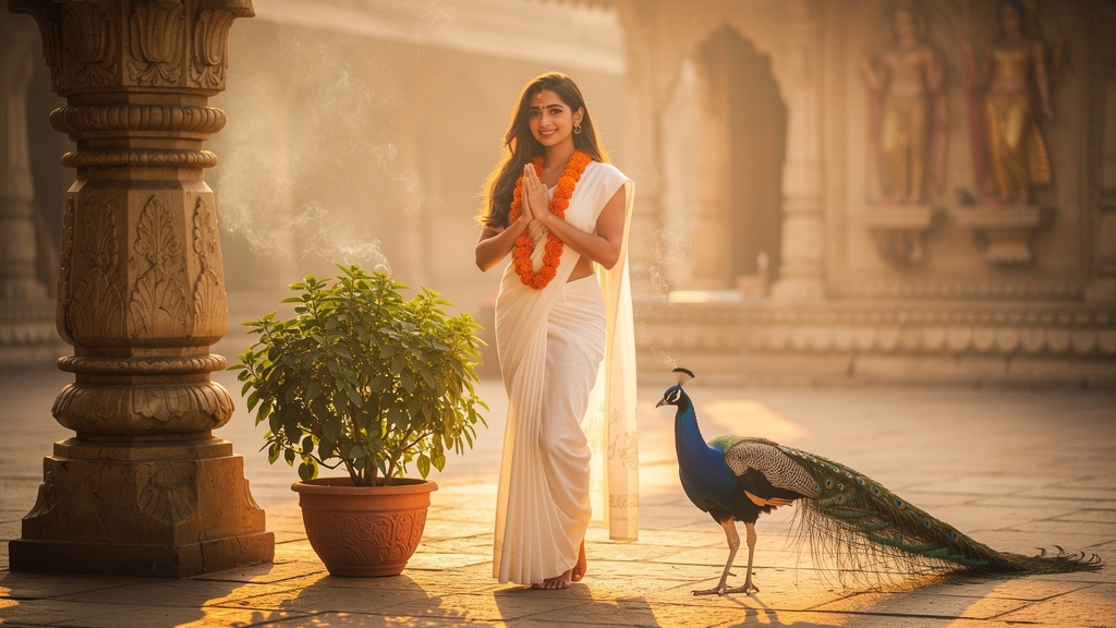 A devotee in namaste beside a tulsi plant in a temple courtyard, a peacock nearby
