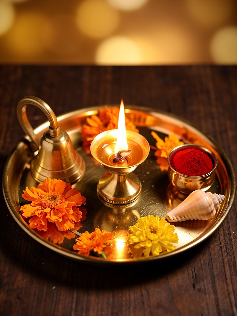 A brass aarti thali with a lit lamp, bell, marigolds and vermilion