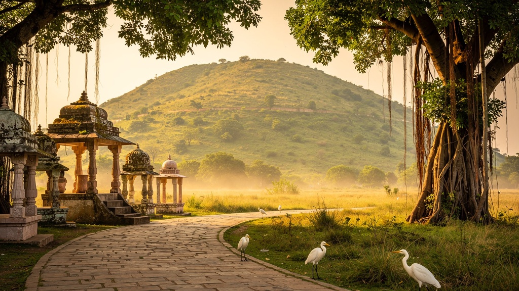 Govardhan hill at dawn with the parikrama path and sandstone shrines
