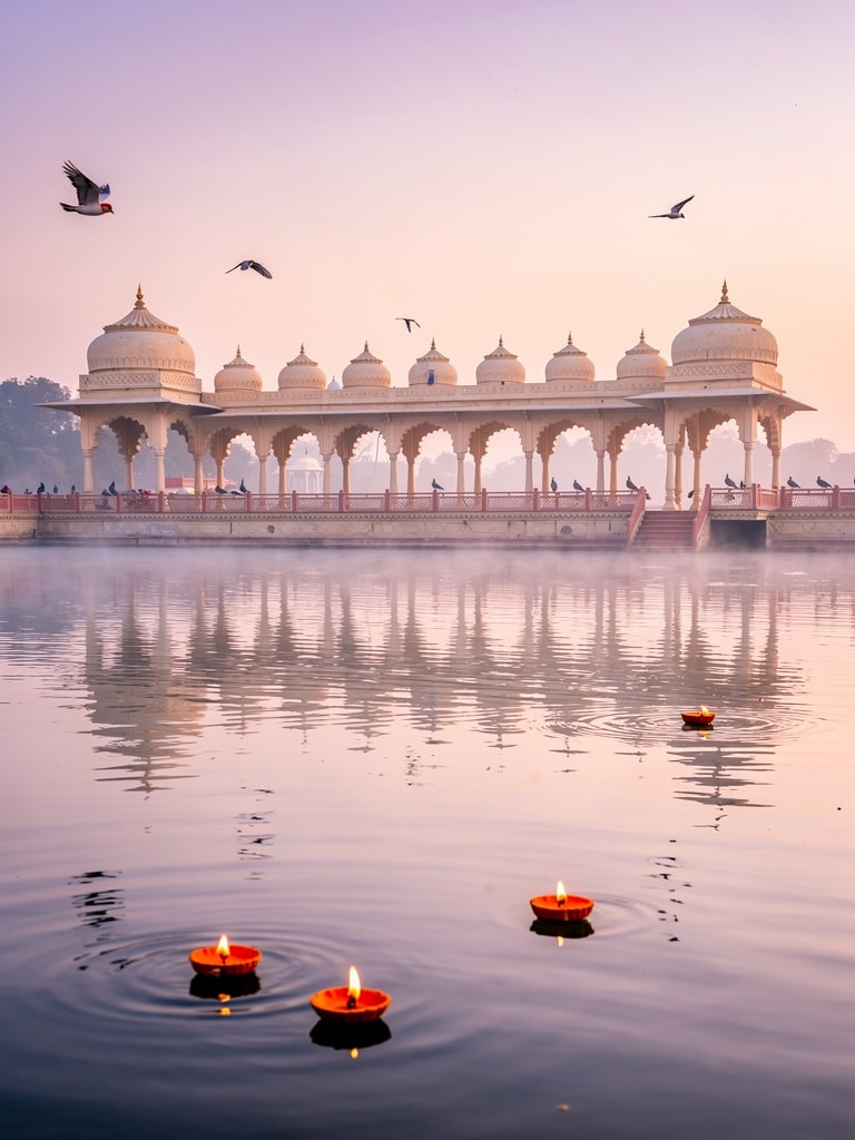 Kusum Sarovar's sandstone pavilions reflected in still dawn water