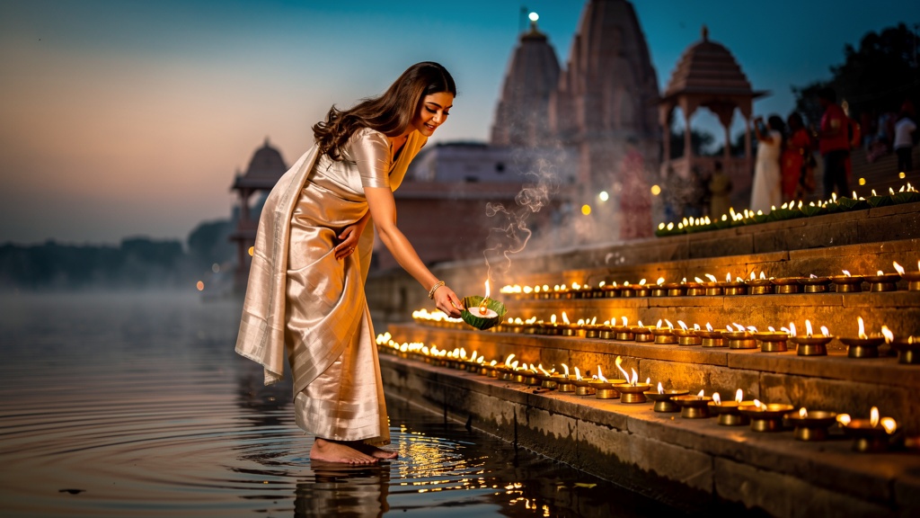 Yamuna aarti at Vishram Ghat, Mathura — lamps floating on the river at dusk