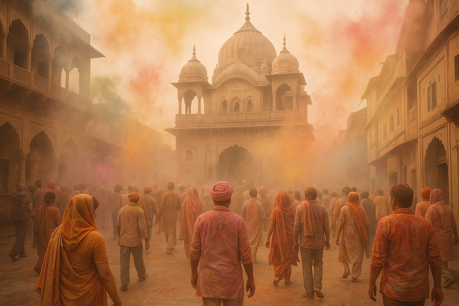 Respectful Holi ambience in Braj with diffused color in the air