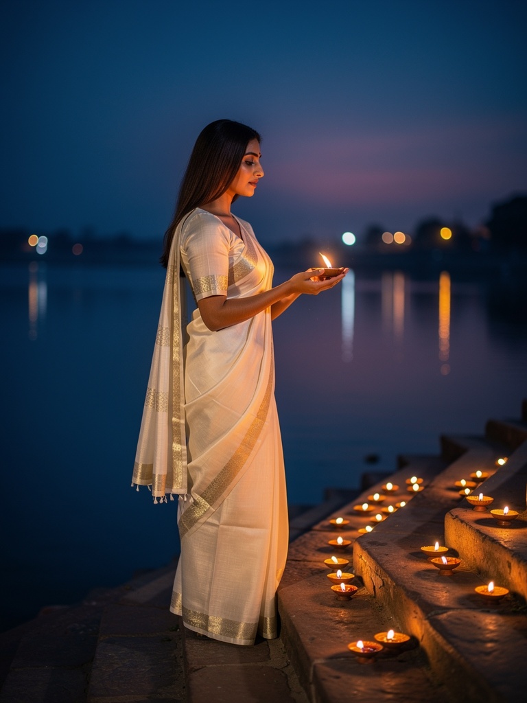 Evening aarti lamps glowing on the Yamuna ghat steps