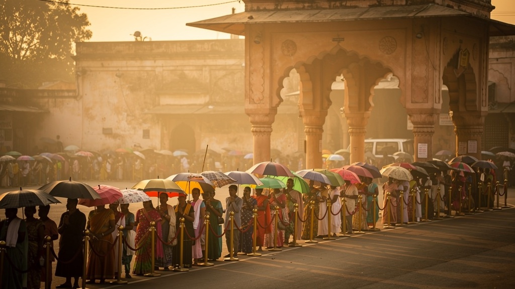 Early-morning darshan queue at a Vrindavan temple
