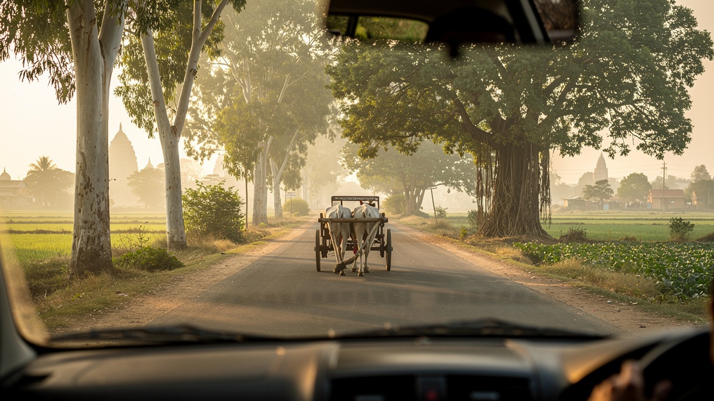 Country road drive across the Braj farmland between temples