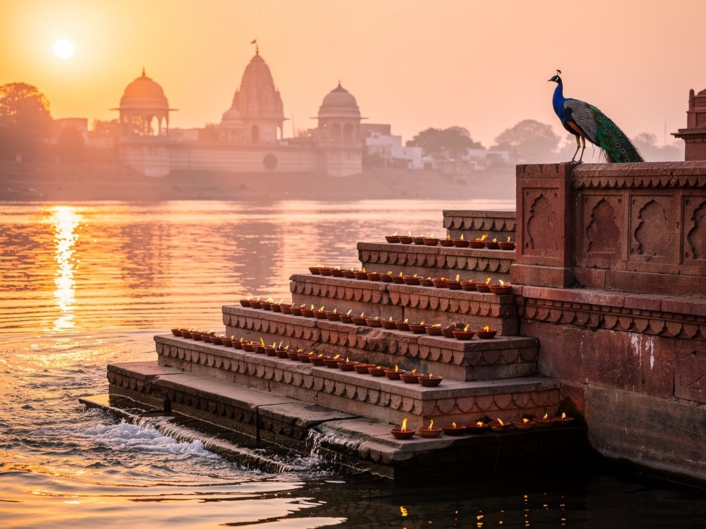 Sunset at a sandstone ghat with rows of lit lamps