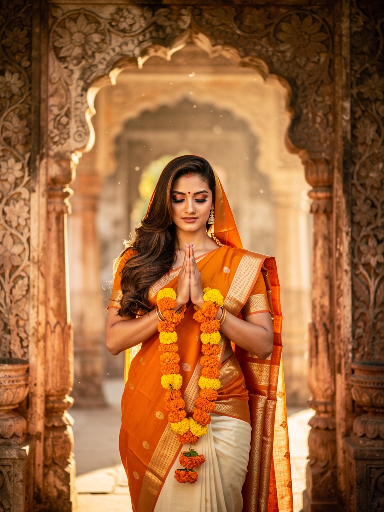 A devotee in namaste at a carved sandstone doorway in Mathura