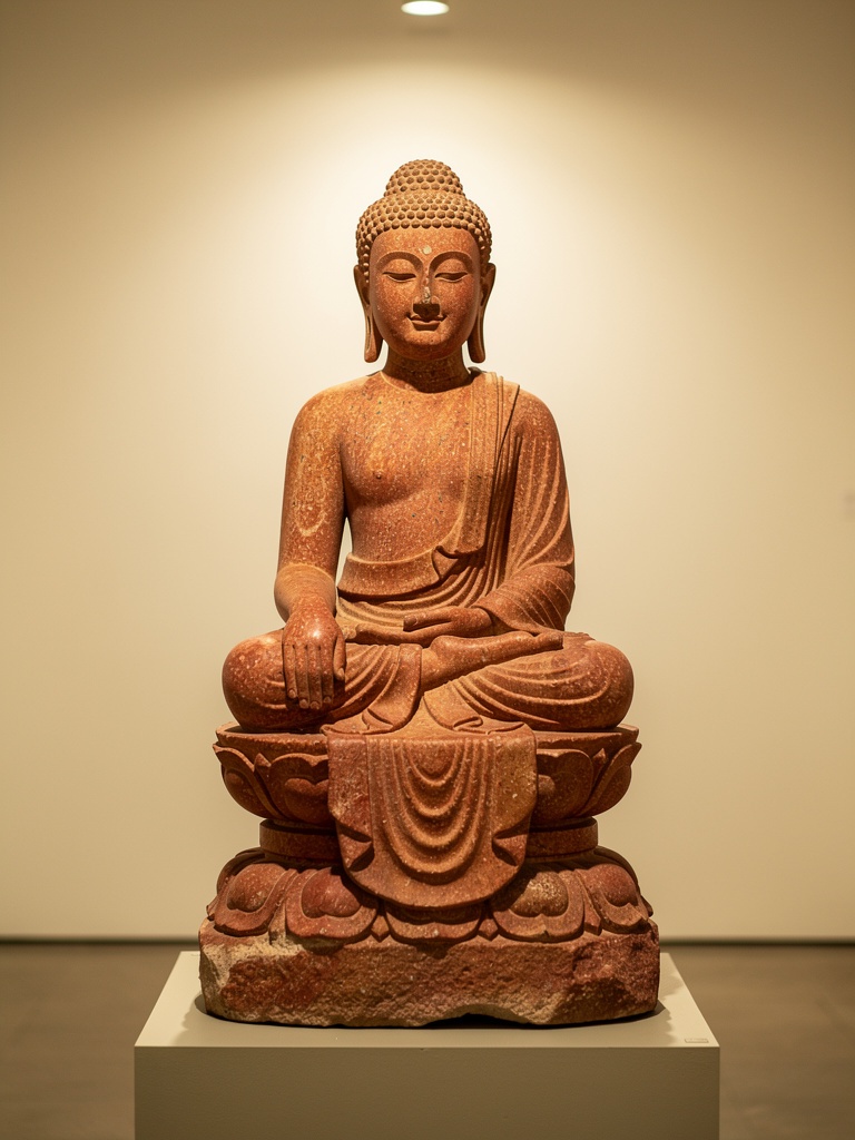 A serene seated red sandstone Buddha, Mathura school, Kushan period