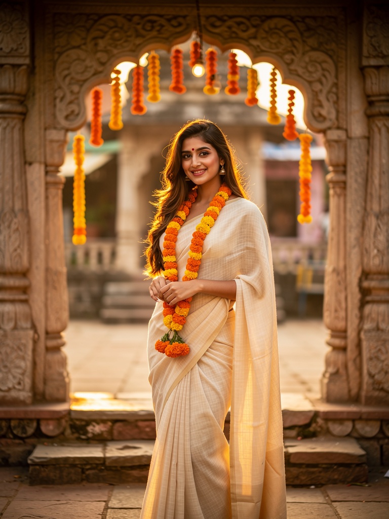 A traveller in a cream saree at the carved arch of a Nandgaon hill temple at golden hour