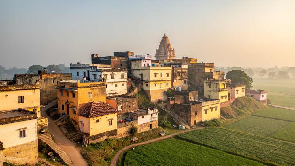 Ochre-and-cream houses of Nandgaon with a temple spire above the rooftops