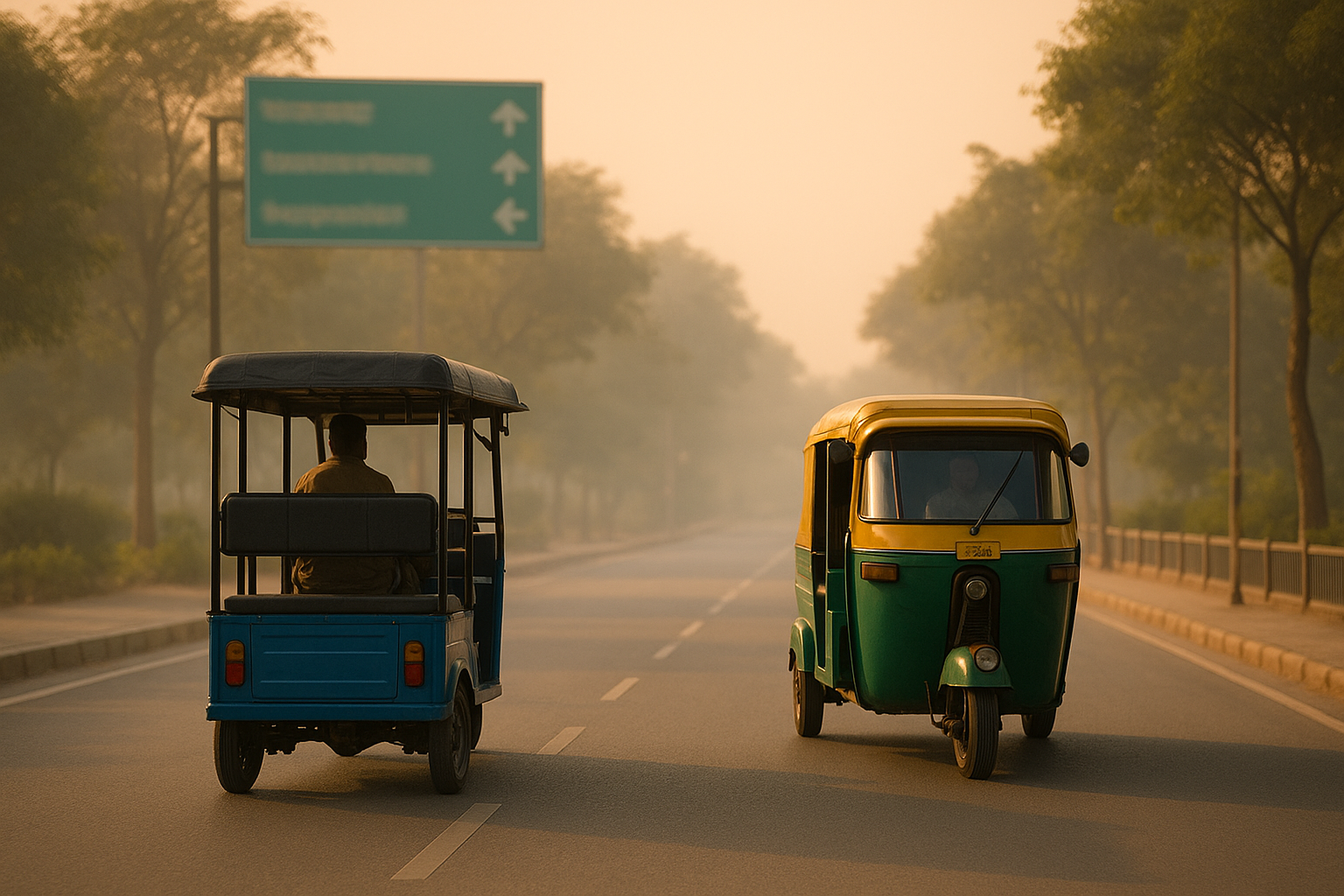 Indian highway near Mathura at sunrise with soft haze