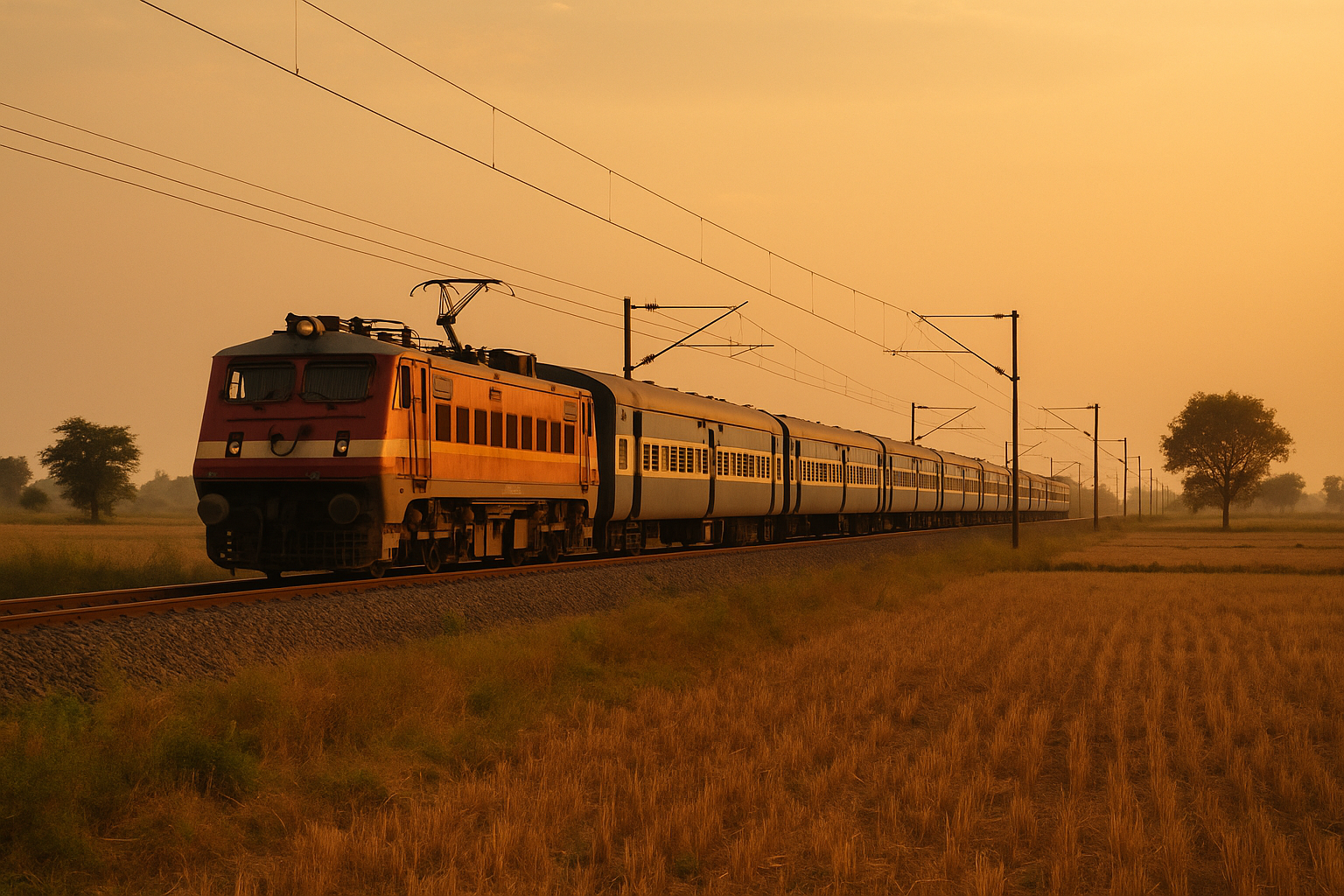 Indian Railways passenger train at a platform in warm afternoon light