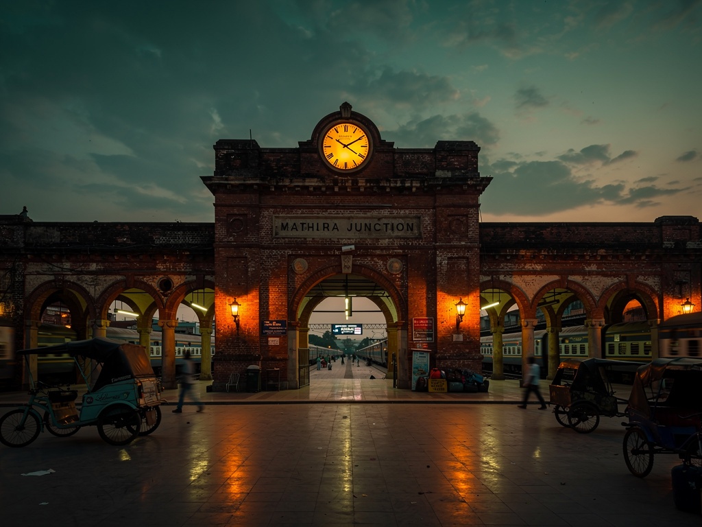Mathura Junction railway station at dusk, colonial-era brick building with a lit clock
