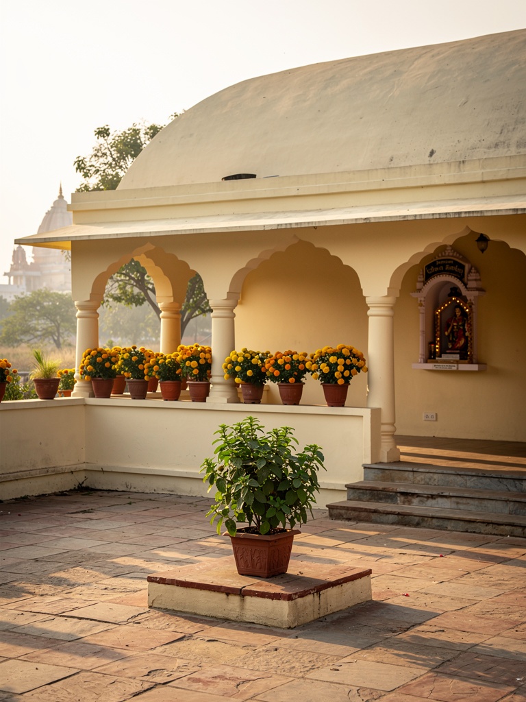 A simple cream ashram guesthouse with marigold pots in Vrindavan