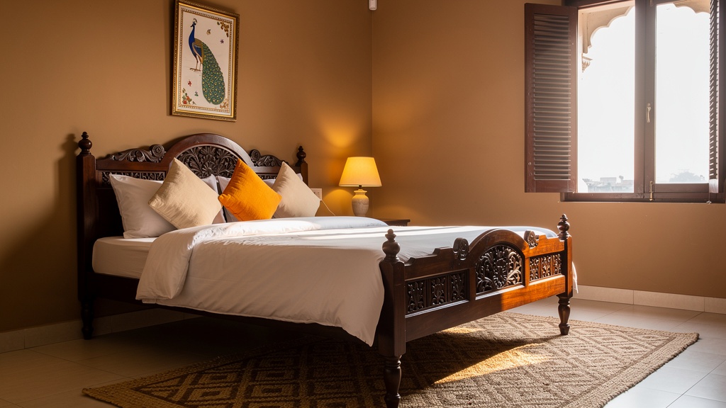 A clean heritage-style hotel room in Mathura with carved wooden bed and warm light