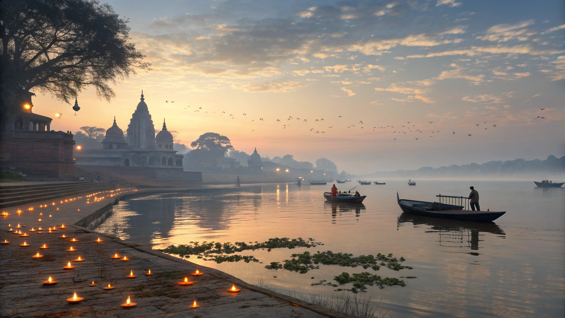 Mathura ghats at dawn with diyas and boats on the Yamuna