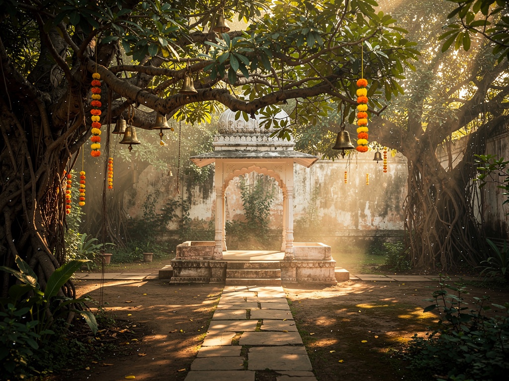 Ancient intertwining trees and a small pavilion inside Nidhivan garden
