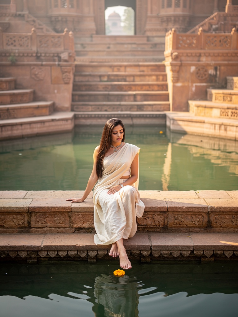 Carved stone steps of a sacred kund in Braj at morning